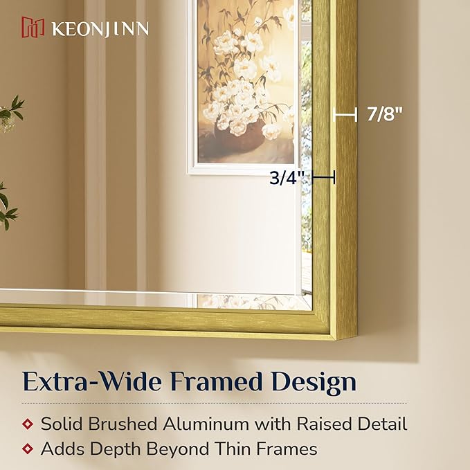 Keonjinn 24" x 32" Brushed Gold Bathroom Vanity Mirror, Aluminum Alloy Frame - Image 2