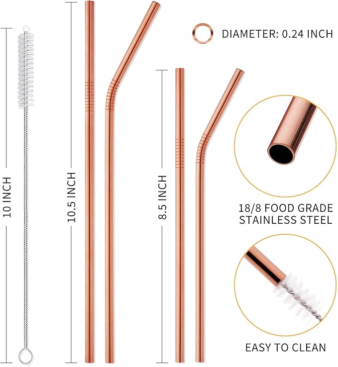 Hiware 12-Pack Rose Gold Metal Straws Reusable with Case - Stainless Steel Drinking Straws for 30oz and 20oz Tumblers Dishwasher Safe, 2 Brushes Included