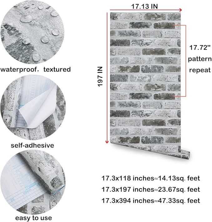 Guvana 17.3"×197" Brick Peel and Stick Wallpaper Grey Brick Contact Paper Self - Image 7