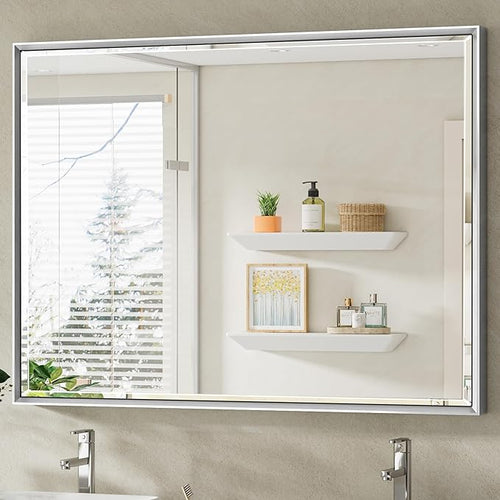 40 x 30 Silver Bathroom Mirror, Large Beveled Silver Bathroom Vanity Mirror by QUEENFUN