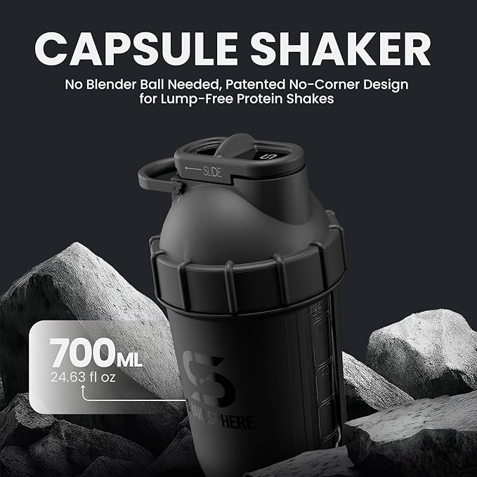 SHAKESPHERE Tumbler Protein Shaker Bottle - BPA-Free 24oz Blender Shaker Cups for Protein Shakes, Purees, Fruit, Smoothies & Pre Workout with Clear Window - Bladeless Mixer & Leak Proof - Matte Black