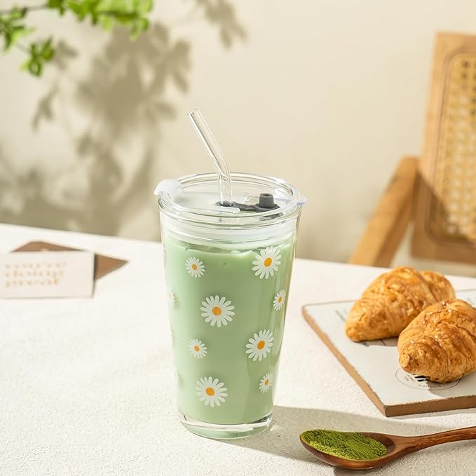 15oz Glass Tumbler with Glass Straw and Lid, Cute Iced Coffee Cups, Aesthetic Glass Cups, Coffee Tumbler, Water Cup, Matcha Cup, Drinking Glasses (Daisy)