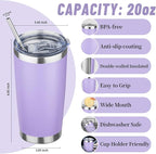 20 oz Tumbler with Lids and Straws, Stainless Steel Insulated Travel Coffee Mug, Double Wall Vacuum Insulated Tumblers, Powder Coated Coffee Tumbler for Cold & Hot Drinks (Light Purple,4pack)
