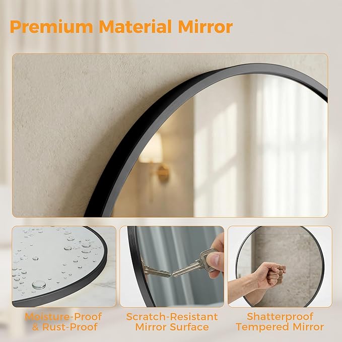 OLIXIS 36 Inch Black Round Bathroom Wall Mirror, Round Bathroom Mirrors - Image 6