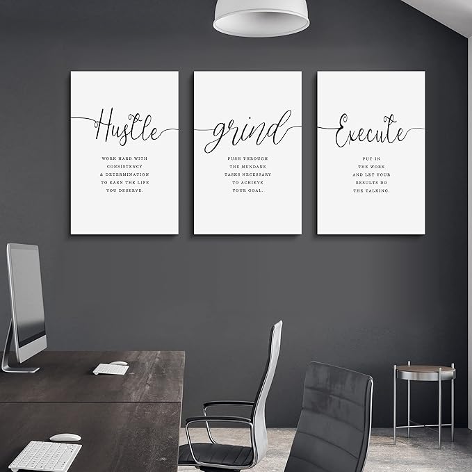 Framed Canvas Wall Art Hustle Quote, Office Wall Art, Positive Motivational Set - Image 2