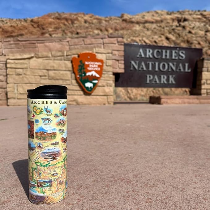 Xplorer Maps Arches & Canyonlands National Parks Map 16 Oz Travel Drinkware with Spill-Resistant Lid - Stainless Steel Vacuum Insulated Coffee Tumbler