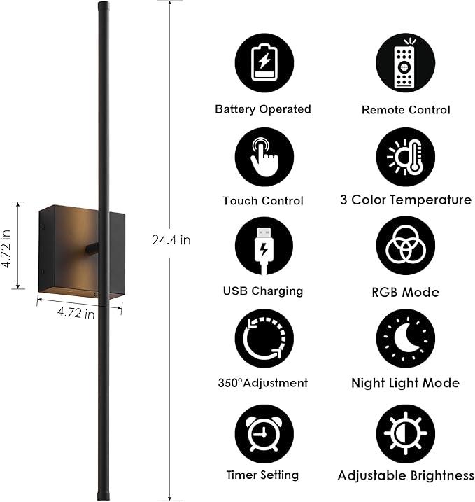 KARTOOSH 24.4 Inch 9 RGB Color Battery Operated Wireless Wall Sconces Set of Two - Image 5