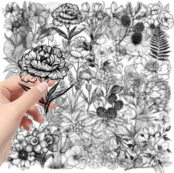Black and White Plants Stickers 50 Pcs Waterproof Funny Cute Floral Sticker for Water Bottle Laptop Car Scrapbook Skateboard Snowboard Luggage,Vinyl Transparent Plants Decals for Teens Girls Adults