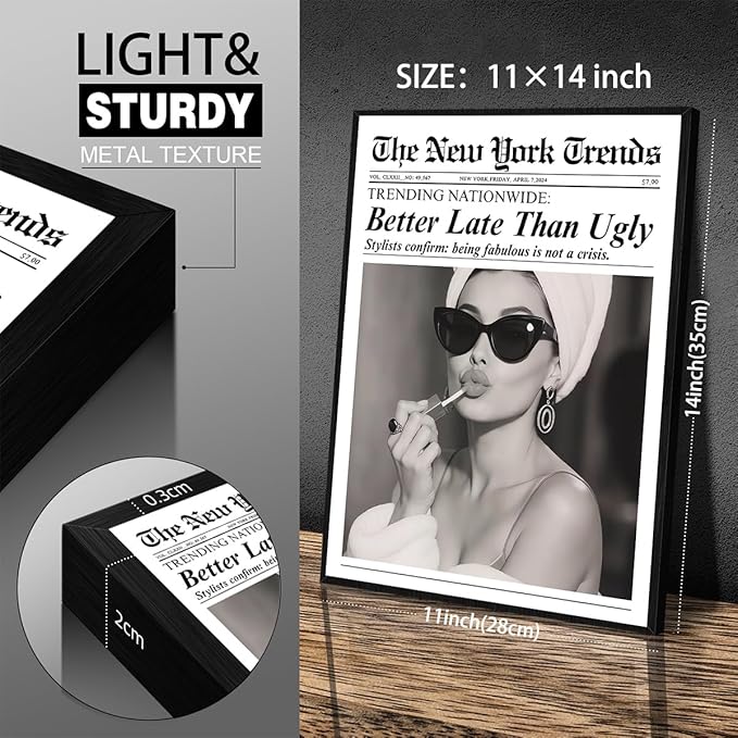 Trendy Newspaper Black Framed Posters Better Late Than Ugly Wall Art Vintage - Image 2