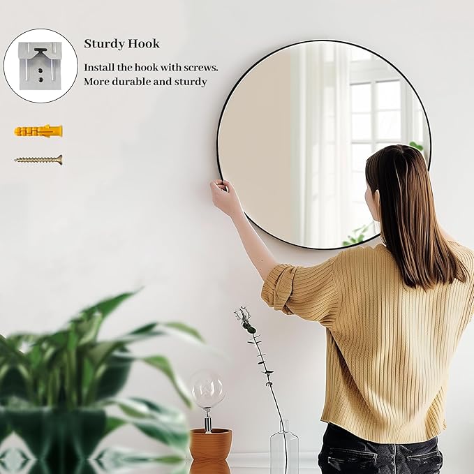 Sunniry Black Round Mirror, Round Mirror 24 inch, Wall Mounted Mirrors - Image 5