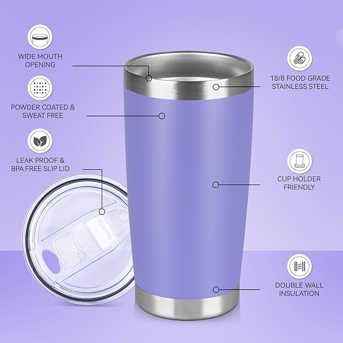 20 oz Tumbler Stainless Steel Tumblers Bulk with Lid Double Wall Insulated Coffee Tumbler Cups for Hot & Cold Drinks Powder Coated Travel Coffee Tumbler Mug Metal (Lavender, 12 pack)