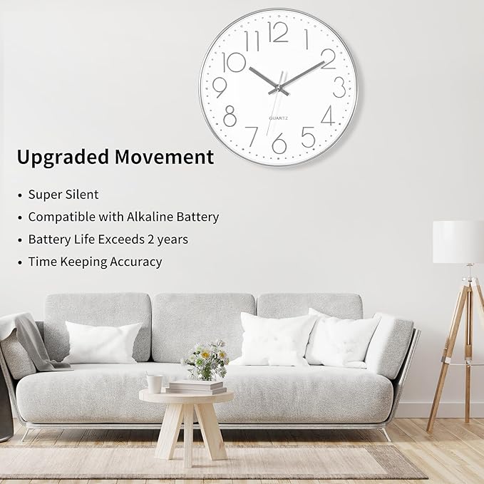 Foxtop Large Silver Wall Clock 14 Inch Silent Non-Ticking Battery Operated - Image 3
