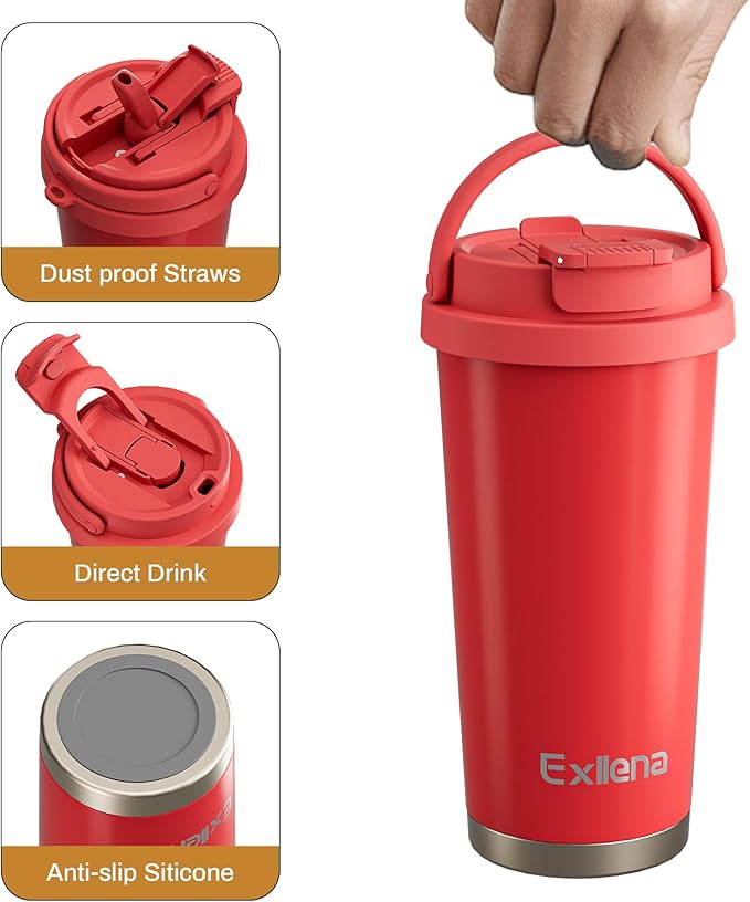 16oz Tumbler with 3 in 1 Lid - Travel Coffee Tumbler - 100% Leakproof and Spill Proof for Hot and Cold Drink - Coffee Mug for Travel, Office, School...(Red)