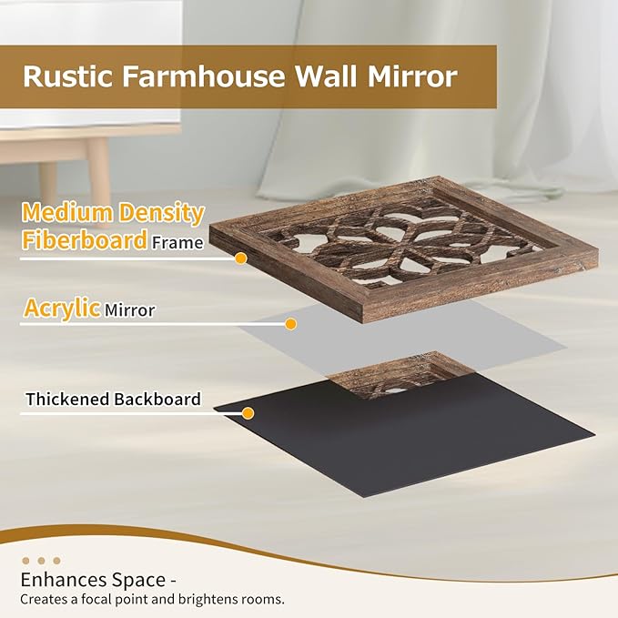 Boho Wall Mirror Decor, Square Shatterproof Vintage Style Mirrors - Image 3