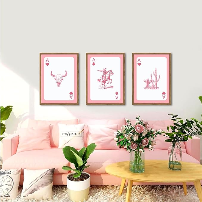 Set of 3 Western Cowgirl Wall Art Pink Bull Skull Wall Decor Painting - Image 6