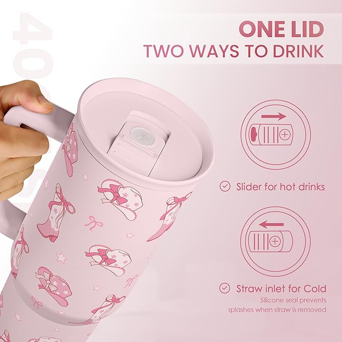 Cowgirl 40oz Slider Tumbler with Handle and Straw - Insulated Stainless Steel Travel Coffee Mug for Women Girls, Gift for Birthday, Christmas