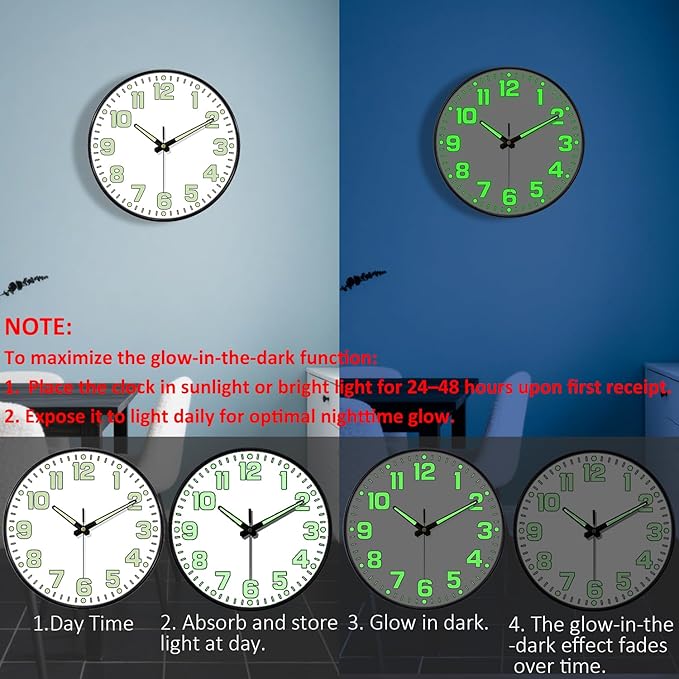 Glow in The Dark Wall Clock, Large Easy Read Numbers Tempered Glass Night Light - Image 4