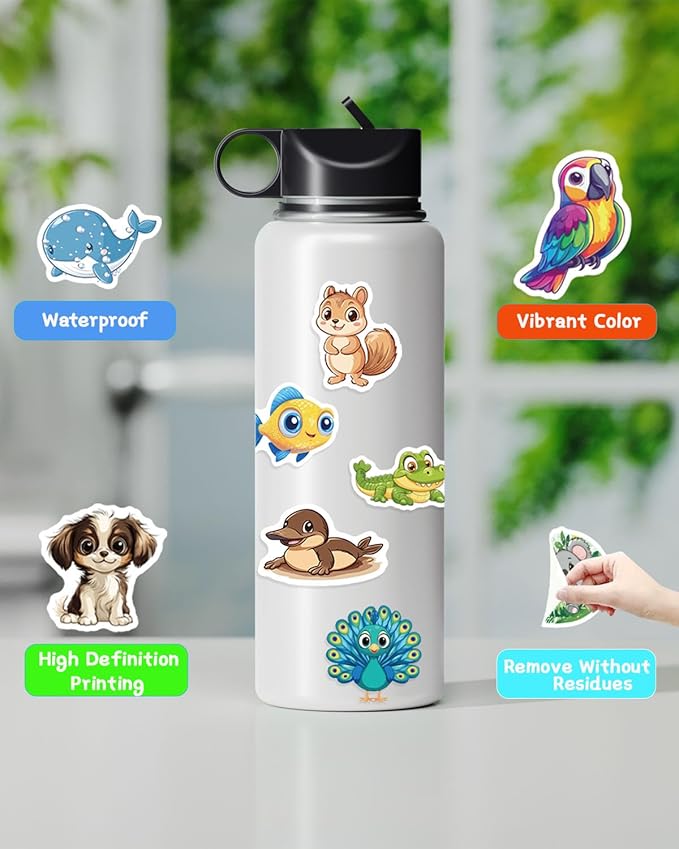 128 PCS Cute Animal Stickers for Kids - Vinyl Waterproof Decals for Laptop, Water Bottle, Phone Case – Fun Sticker Pack for DIY Crafts, Classroom Rewards, and Gift Bags