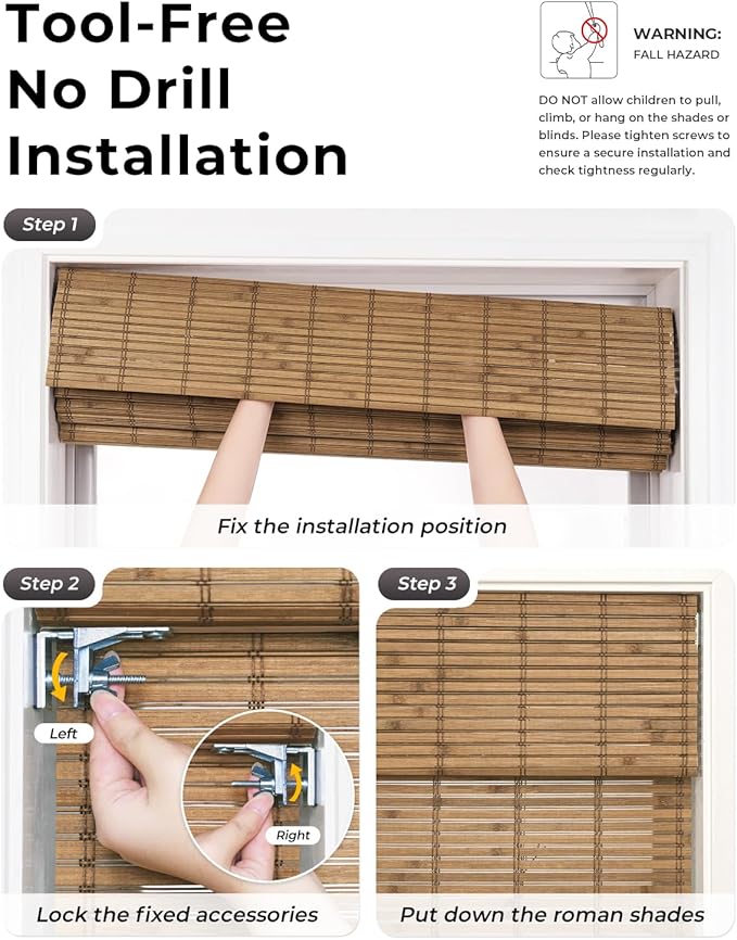 UNISHADES No Drill Cordless Bamboo Roman Shades, Light Filtering Woven Natural - Image 2