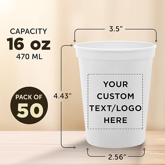 DISCOUNT PROMOS Custom Plastic Stadium Cups 16 oz. Set of 50, Personalized Bulk Pack - Perfect for Birthdays, Weddings, Picnic, Beach, Parties - White