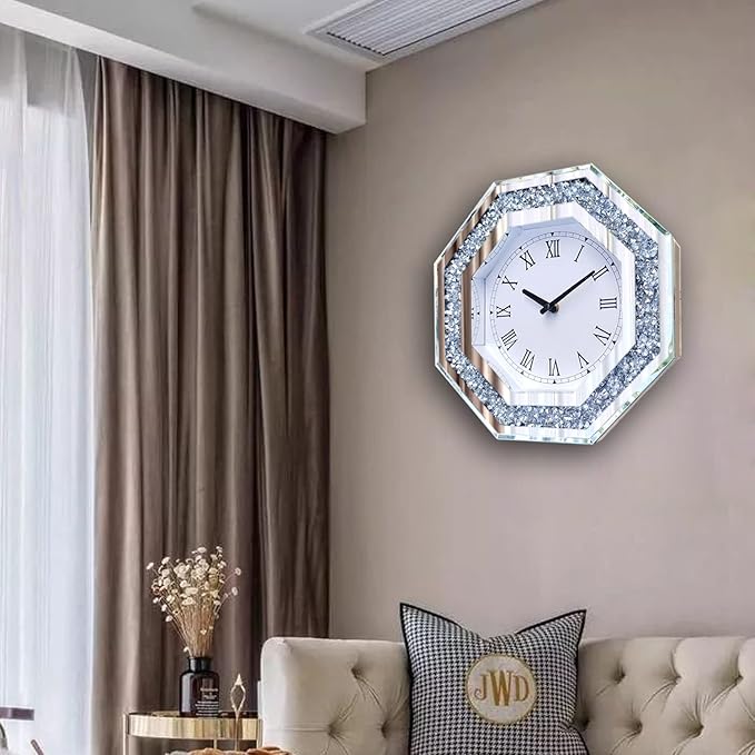 Wall Clock, Octagon Mirror Glass Clock, Cute Diamond 12-inch Non-Ticking Clock - Image 5