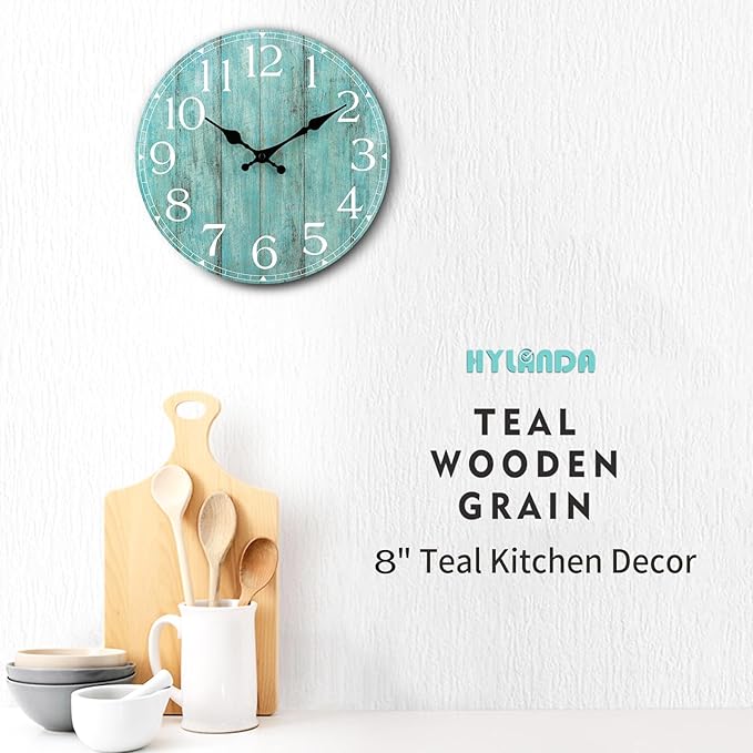 Wall Clock, Teal Silent Non-Ticking Battery Operated, Kitchen Rustic Vintage - Image 5