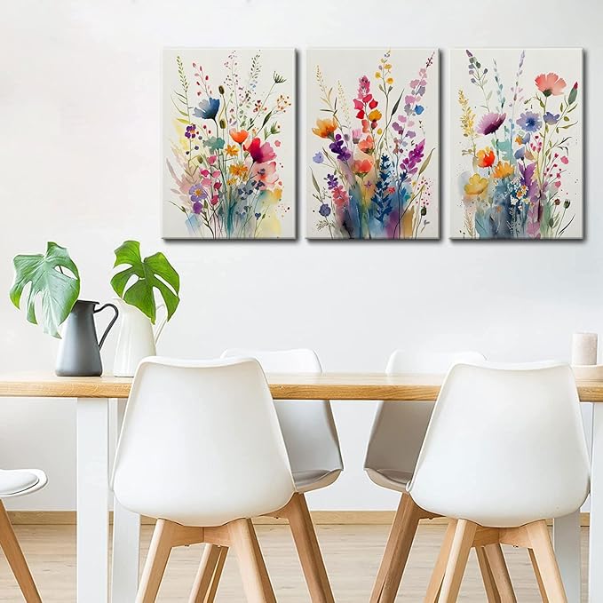 KISSFOX 3 Piece Colorful Flower Framed Wall Art Decor Watercolor Botanical - Image 2