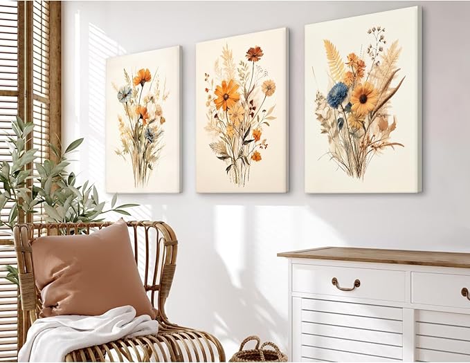 Botanical Floral Wall Art Set of 3 Vintage Wildflower Canvas Wall Decor - Image 3