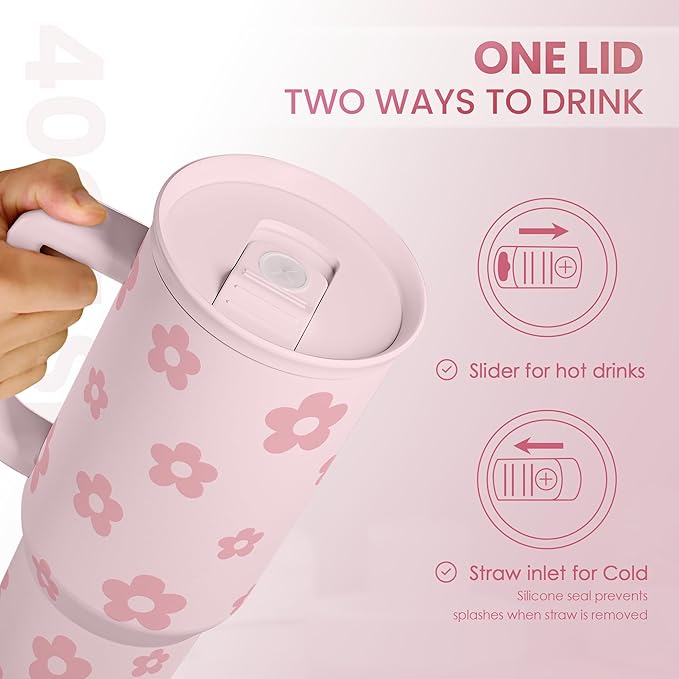 SANDJEST Floral Tumbler with Handle and Straw 40oz Stainless Sleel Slider Tumbler Travel Coffee Mug for Women - Gift Idea for Birthday Christmas