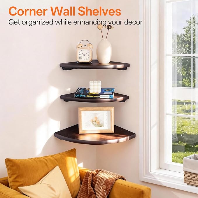 Gieanoo Floating Corner Shelves Set 2 10inch Walnut Solid Oak Rounded Corner - Image 3