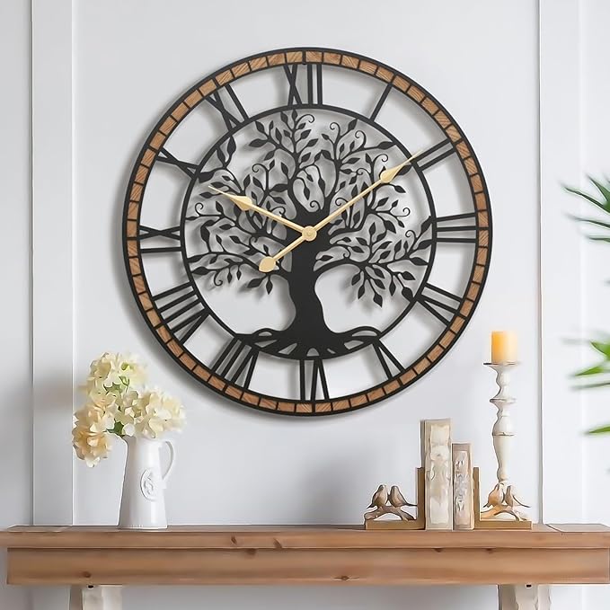 Micasso Farmhouse Oversize Wall Clock: 32Inch Rustic Tree of Life Metal by Micasso