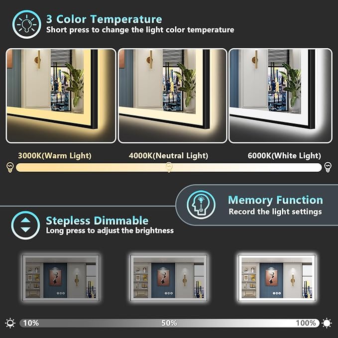 68x38 Black Framed LED Bathroom Mirror - Image 5