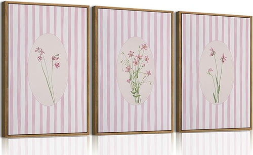 3 Piece Floral Framed Wall Art Pink Wildflower Canvas Wall Art Flower Pictures by KISSFOX