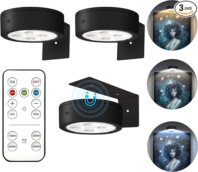 3Pcs Picture Lights for Wall Battery Operated, Magnetic Led Painting Light by Kandicyar