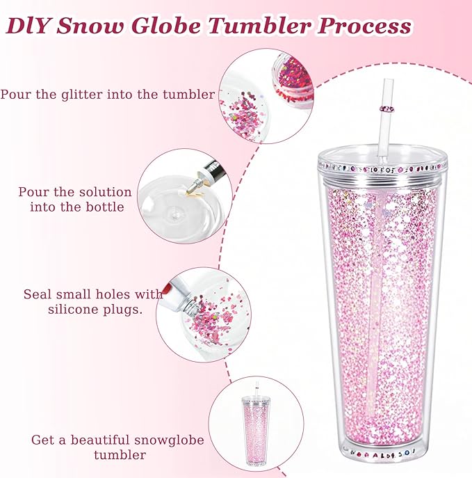 24oz Snow Globe Tumbler, 25pack Plastic Snowglobe Cup with Colored Lids and Straws, Double Walled Glass Mug Bulk, Pre Drilled Glass Blank for Snow Globe Glitter, Individual Packaging
