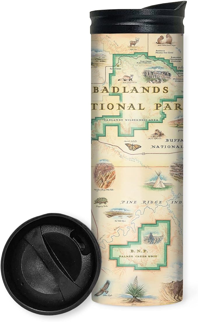 Xplorer Maps Badlands National Park Map 16 Oz Travel Drinkware with Spill-Resistant Lid - Stainless Steel Vacuum Insulated Coffee Tumbler