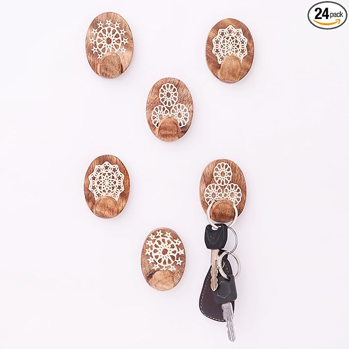 IndianShelf 6 Lb- 24 Pieces Decorative Wood Adhesive Wall Hooks–Boho Peel and by IndianShelf