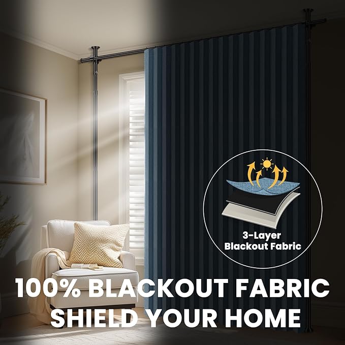 100% Blackout Room Divider Curtains Sets Blue 2 Panels W100 x L96in No Drill - Image 5