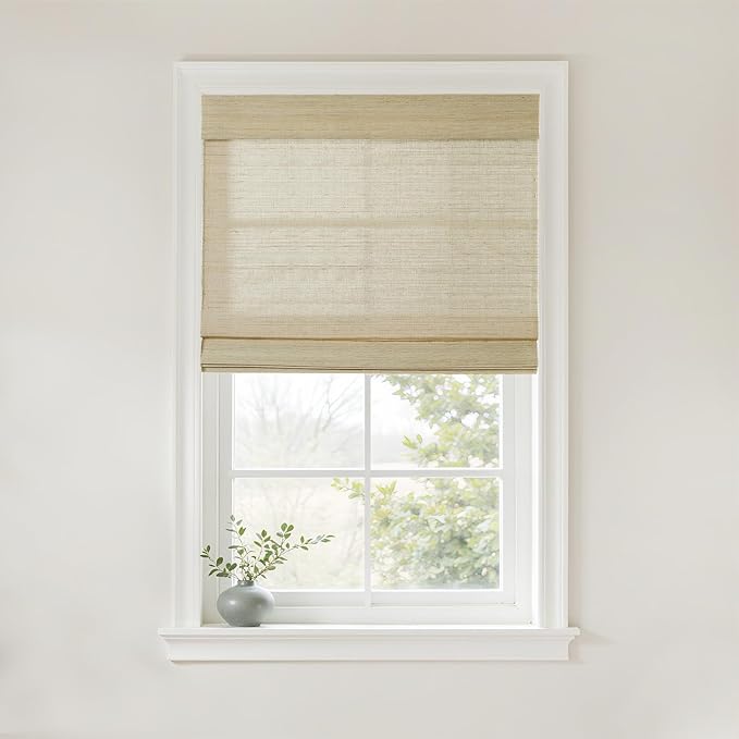 TWOPAGES Natural Woven No Drill Roman Shades, Custom Cordless Light Filtering by TWOPAGES