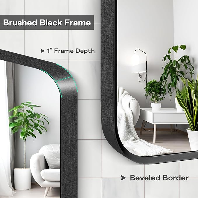Wall Mount Mirror for Bathroom, Brushed Black Metal Framed Rounded Corner - Image 2