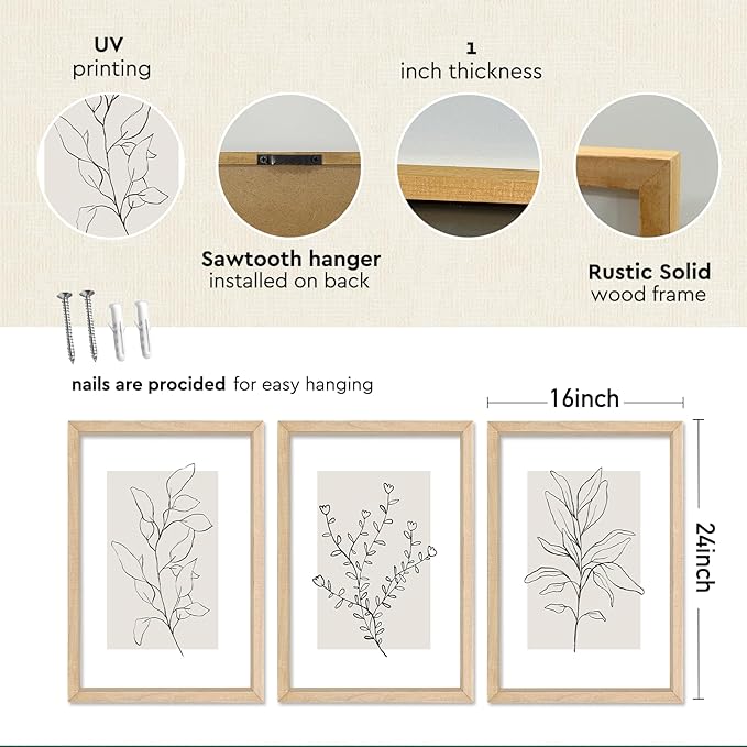 YWJKWLGS Neutral Botanical Prints Framed Wall Art Decor 16x24 Inch Set of 3 - Image 2