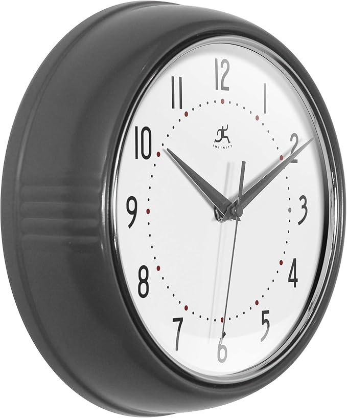 Infinity Instruments LTD. Retro Round Aluminum Wall Clock, Oyster Grey - Image 3