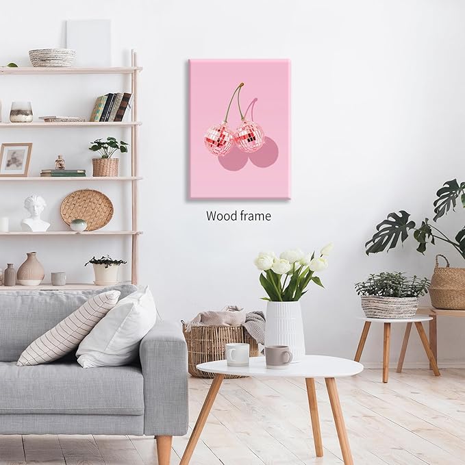 Funky Pink Cherry Poster Retro Disco Ball Canvas Wall Art 08x10 inch Framed - Image 4