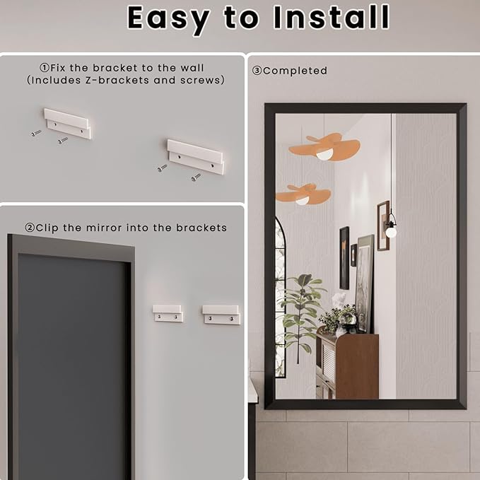 Amorho Bathroom Mirror Black, 44x36 Inch Thick Metal Framed Wall Mirrors - Image 4