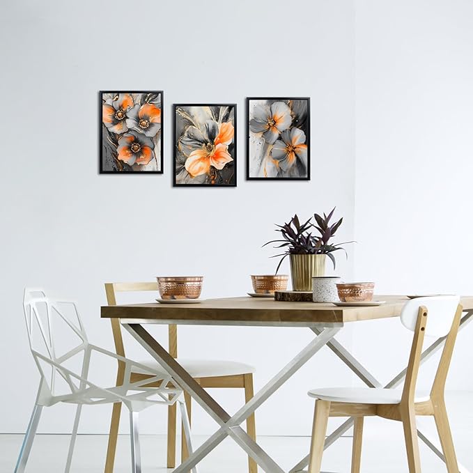iKNOW FOTO 3 Piece Orange and Grey Abstract Flower Canvas Wall Art - Image 3