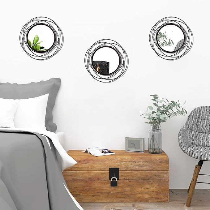 3 Set 9.5 Inch Black Circle Mirrors Wall Decor Iron Frame Wire Mirror Metal - Image 5