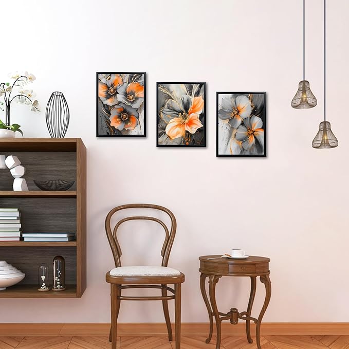 iKNOW FOTO 3 Piece Orange and Grey Abstract Flower Canvas Wall Art - Image 4