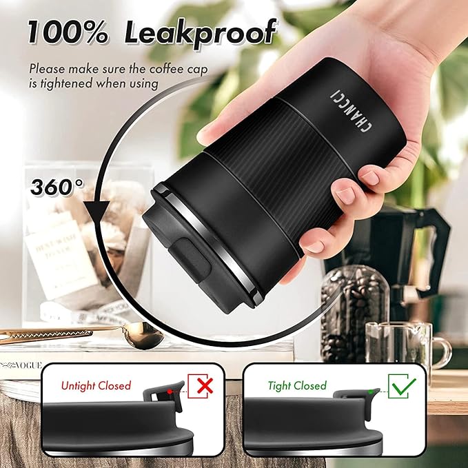 12oz Travel Coffee Mug Spill Proof, Insulated Coffee Mug with Lid, Leakproof Coffee Tumbler,Stainless Steel Vacuum Coffee Cup for Hot/Cold Drinks, Reusable Thermal Coffee Cup -380ml,Black