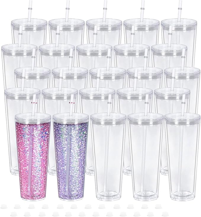 24oz Snow Globe Tumbler, 25pack Plastic Snowglobe Cup with Colored Lids and Straws, Double Walled Glass Mug Bulk, Pre Drilled Glass Blank for Snow Globe Glitter, Individual Packaging