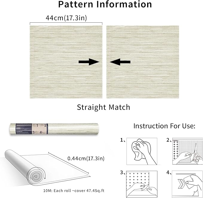 Simon&Siff Cream Textured Grasscloth Peel and Stick Wallpaper 17.7"x394" - Image 8